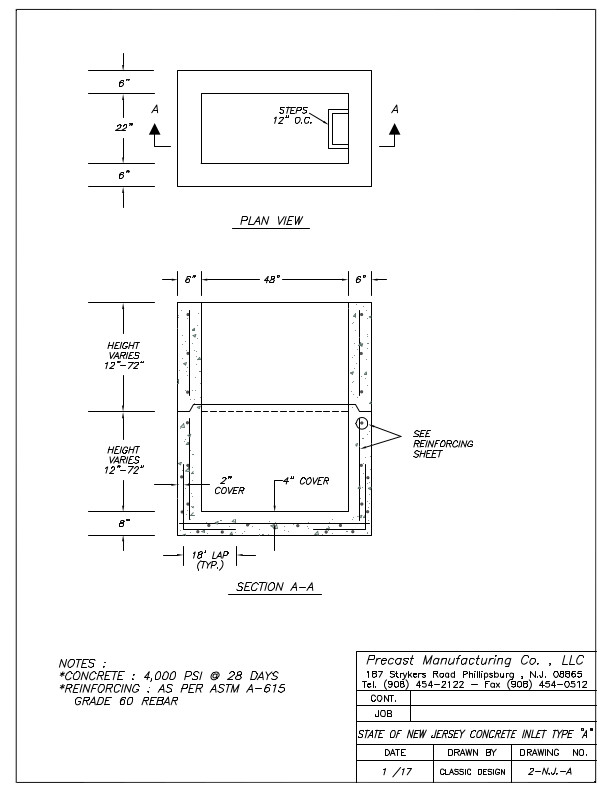 State of New Jersey Concrete Inlet Type "A" 