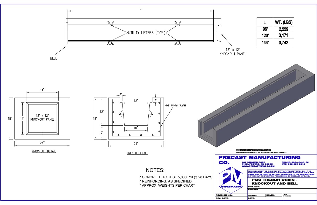 Precast trench drain with knockout and bell 140-Trench Drain