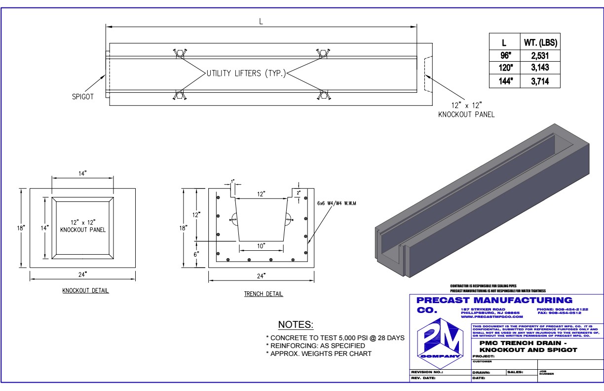 Precast trench drain with knockout and spigot 142-Trench Drain